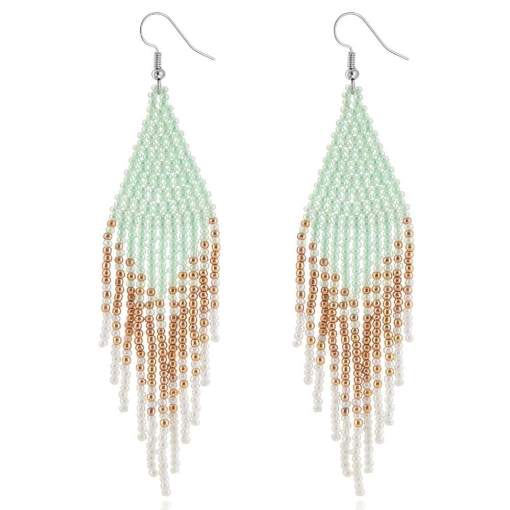 Green Bohemian Seed Bead Tassel Dangling Statement French Wire Hook Earrings